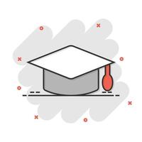 Graduation hat icon in comic style. Student cap cartoon vector illustration on white isolated background. University splash effect business concept.