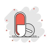 ícono de cápsula de píldora en estilo cómico. ilustración vectorial de dibujos animados de drogas sobre fondo blanco aislado. concepto de negocio de efecto de salpicadura de farmacia. vector