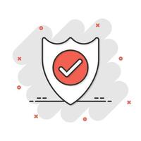 Shield with check mark icon in comic style. Protect cartoon vector illustration on white isolated background. Checkmark guard splash effect business concept.