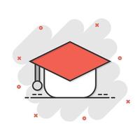 Graduation hat icon in comic style. Student cap cartoon vector illustration on white isolated background. University splash effect business concept.