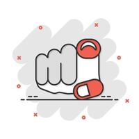 Finger point icon in comic style. Hand gesture cartoon vector illustration on white isolated background. You forward splash effect business concept.