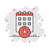 calendario con icono de reloj en estilo cómico. ilustración de vector de dibujos animados de agenda sobre fondo blanco aislado. programar el concepto de negocio de efecto de salpicadura del planificador de tiempo.