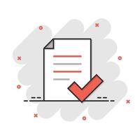 Approved document icon in comic style. Authorize cartoon vector illustration on white isolated background. Agreement check mark splash effect business concept.