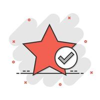 Check mark with star icon in comic style. Add to favorite cartoon vector illustration on white isolated background. Bookmark splash effect business concept.