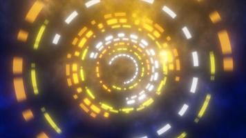 Abstract round spinning rings HUD elements blue and yellow from flying particles glowing energy scientific futuristic hi-tech background. Video 4k