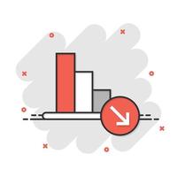 Market trend icon in comic style. Decline arrow with magnifier cartoon vector illustration on white isolated background. Decrease splash effect business concept.