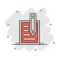 Blogging icon in comic style. Document with pen cartoon vector illustration on white isolated background. Content splash effect business concept.