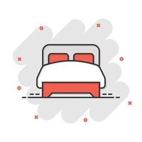 Bed icon in comic style. Bedroom cartoon sign vector illustration on white isolated background. Bedstead splash effect business concept.