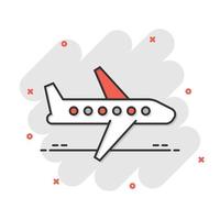 icono de avión en estilo cómico. ilustración de vector de dibujos animados de avión sobre fondo blanco aislado. concepto de negocio de efecto de salpicadura de avión de vuelo.