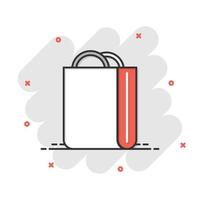 icono de bolsa de compras en estilo cómico. Ilustración de vector de signo de dibujos animados de bolso sobre fondo blanco aislado. concepto de negocio de efecto de salpicadura de paquete.