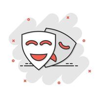 Theater mask icon in comic style. Comedy and tragedy cartoon vector illustration on white isolated background. Smile face splash effect business concept.