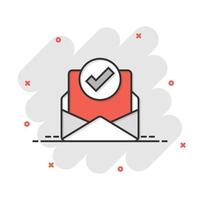 Envelope with confirmed document icon in comic style. Verify cartoon vector illustration on white isolated background. Receive splash effect business concept.