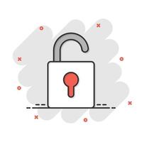 Padlock icon in comic style. Lock cartoon vector illustration on white isolated background. Private splash effect business concept.