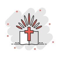 Bible book icon in comic style. Church faith cartoon vector illustration on white isolated background. Spirituality splash effect business concept.