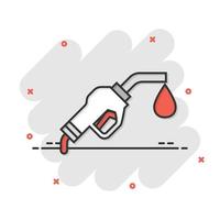 icono de la bomba de combustible en estilo cómico. Ilustración de vector de signo de dibujos animados de gasolinera sobre fondo blanco aislado. concepto de negocio de efecto de salpicadura de gasolina.