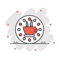 Coffee break icon in comic style. Clock with tea cup cartoon vector illustration on white isolated background. Breakfast time splash effect business concept.