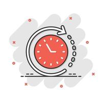 Clock icon in comic style. Watch cartoon vector illustration on white isolated background. Timer splash effect business concept.