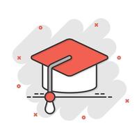 Graduation hat icon in comic style. Student cap cartoon vector illustration on white isolated background. University splash effect business concept.