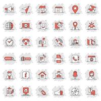 Contact us icon set in comic style. Mobile communication cartoon vector illustration on white isolated background. Phone call splash effect business concept.