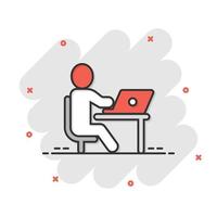 People with laptop computer icon in comic style. Pc user cartoon vector illustration on white isolated background. Office manager splash effect business concept.