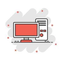 Pc computer icon in comic style. Desktop cartoon vector illustration on white isolated background. Device monitor splash effect business concept.