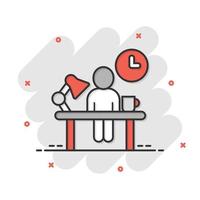 gente con lámpara de mesa e icono de reloj en estilo cómico. ilustración de vector de dibujos animados de espacio de coworking sobre fondo blanco aislado. concepto de negocio de efecto de salpicadura de lugar de trabajo independiente.