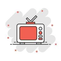 icono de tv en estilo cómico. ilustración de vector de signo de dibujos animados de televisión sobre fondo blanco aislado. concepto de negocio de efecto de salpicadura de canal de video.