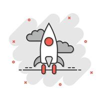 Rocket icon in comic style. Spaceship launch cartoon vector illustration on white isolated background. Sputnik splash effect business concept.