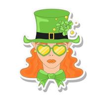 Leprechaun Girl Redhead Girl in Green Hat and Glasses with Green Bow Tie St Patricks Day vector