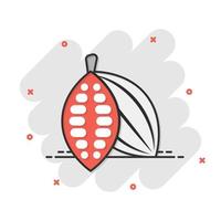 Cocoa bean icon in comic style. Chocolate cream cartoon vector illustration on white isolated background. Nut plant splash effect business concept.