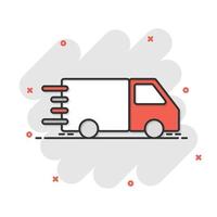 icono de camión en estilo cómico. ilustración de vector de dibujos animados de entrega automática sobre fondo blanco aislado. concepto de negocio de efecto de salpicadura de automóvil de camión.