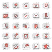 Approve icon set in comic style. Check mark cartoon vector illustration on white isolated background. Tick accepted splash effect business concept.