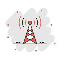 icono de torre de antena en estilo cómico. Ilustración de vector de dibujos animados de difusión sobre fondo blanco aislado. concepto de negocio de efecto de salpicadura wifi.