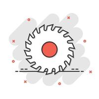 Saw blade icon in comic style. Circular machine cartoon vector illustration on white isolated background. Rotary disc splash effect business concept.