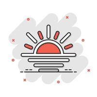 icono de sol en estilo cómico. ilustración de vector de signo de dibujos animados de luz solar sobre fondo blanco aislado. concepto de negocio de efecto de salpicadura de luz diurna.