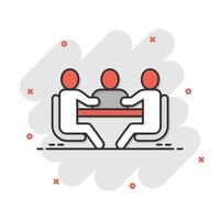 People with table icon in comic style. Teamwork conference cartoon vector illustration on white isolated background. Speaker dialog splash effect business concept.