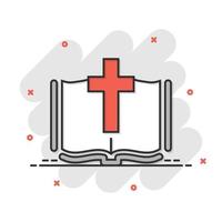 Bible book icon in comic style. Church faith cartoon vector illustration on white isolated background. Spirituality splash effect business concept.