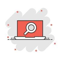 Computer search icon in comic style. Laptop with magnifying glass cartoon vector illustration on white isolated background. Device display splash effect business concept.