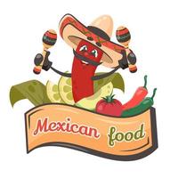 Cute comic character red chilli pepper with vegetables and maracas. Mexican food. Doodle drawn vector illustration for dishes, menu, poster, flyer, banner, delivery, cooking concept