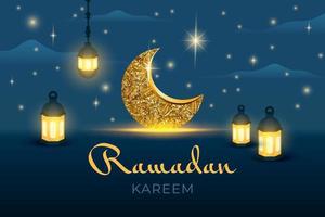 Ramadan Kareem. 3d background with Golden moon, lantern, starry sky for celebration holy month of the Muslim community. Vector illustration for card, invitation, poster, banner