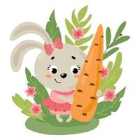 Easter bunny with a carrot. Drawn style. White background, isolate. vector