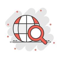 icono de búsqueda de globo en estilo cómico. ilustración de vector de dibujos animados de navegación de red sobre fondo blanco aislado. concepto de negocio de efecto de salpicadura de lupa de geografía global.