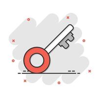 Key icon in comic style. Password cartoon vector illustration on white isolated background. Access splash effect business concept.