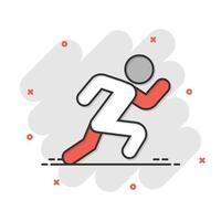 Run people icon in comic style. Jump cartoon vector illustration on white isolated background. Fitness splash effect business concept.