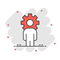 People with gear icon in comic style. Person cogwheel cartoon vector illustration on white isolated background. Teamwork splash effect business concept.