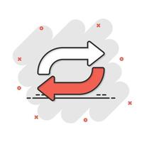Arrow rotation icon in comic style. Sync action cartoon vector illustration on white isolated background. Refresh button splash effect business concept.