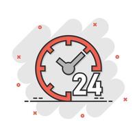 icono de reloj 24 7 en estilo cómico. ver ilustración de vector de dibujos animados sobre fondo blanco aislado. concepto de negocio de efecto de salpicadura de temporizador.