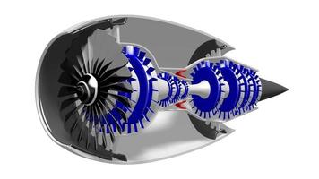 Working Jet Engine with Rotating Blades - 3D Scheme on White Background video