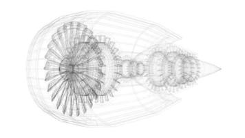 Working Jet Engine with Rotating Blades - 3D Wireframe Model on White Background video