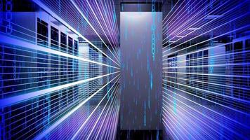 servidores en rack y código binario en caída: centro de datos, alojamiento, almacenamiento video